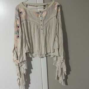 Free People Cream Boho Blouse with Embroidered Accents